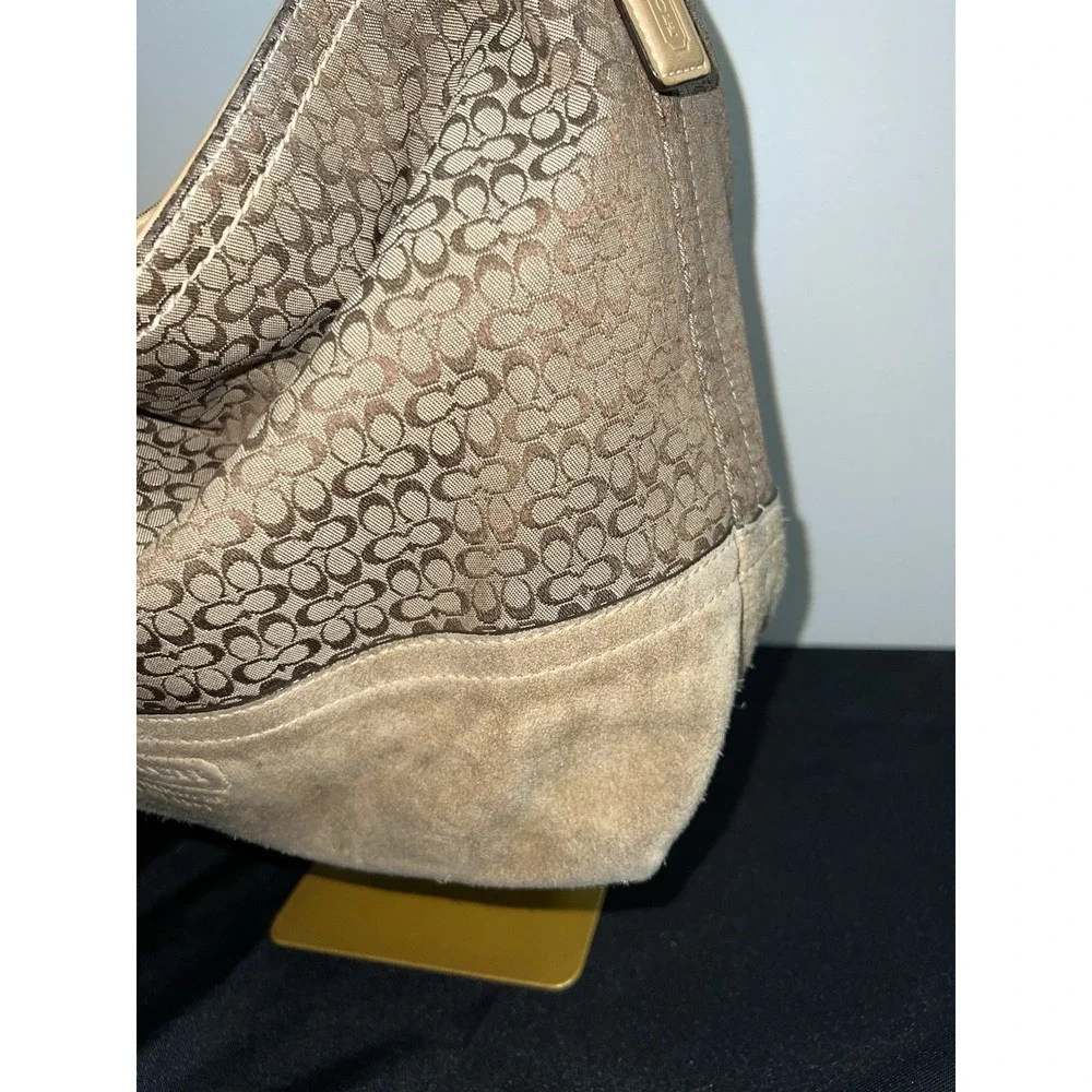 Coach Signature Brown Canvas‎ Suede Hobo Shoulder Bag